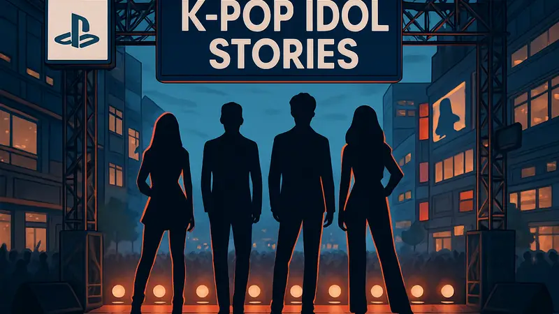 Обложка K-pop Idol Stories с изображением стилизованных K-pop исполнителей, символизирующая игру.
