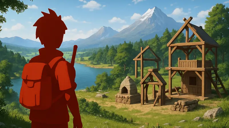 Игровой скриншот новой выживалки Layer Land с персонажем на фоне реалистичного ландшафта и строительных элементов