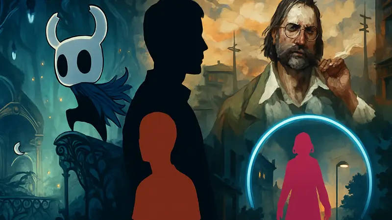 Изображение демонстрирует коллаж из нескольких недооцененных инди-игр, таких как Hollow Knight и Disco Elysium, подчеркивая их уникальность.