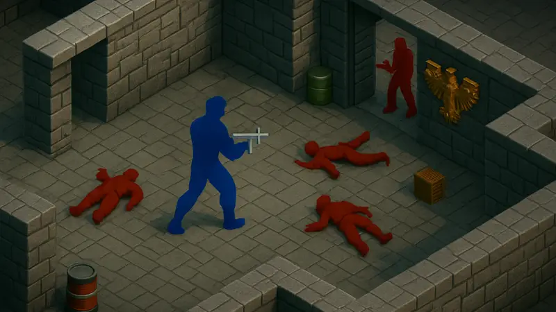 Скриншот мода Isowulf, показывающий Wolfenstein 3D в изометрической перспективе с главным героем