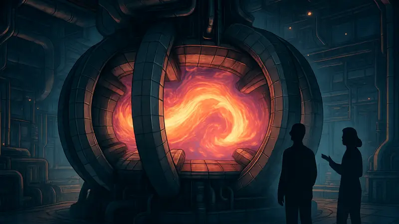 Визуализация реактора термоядерного синтеза, демонстрирующая плазму и энергетические процессы.