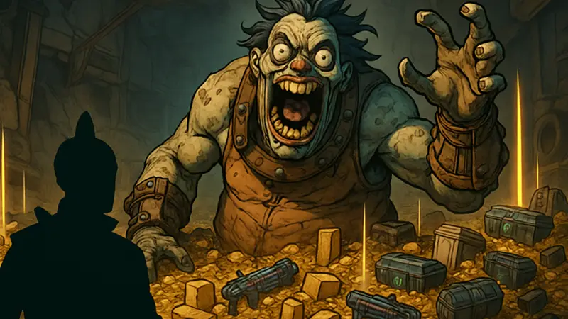 Изображение босса Crazed Earl из Borderlands 4, с характерным безумным выражением лица и горой предметов вокруг.