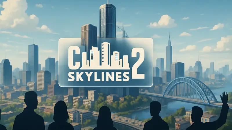 Логотип игры Cities: Skylines 2 на фоне городского пейзажа, символизирующий градостроительный симулятор.