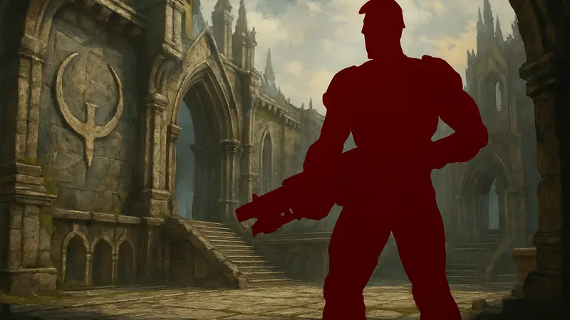 Обновление Quake Champions к 30-летию игры, персонаж с оружием на арене