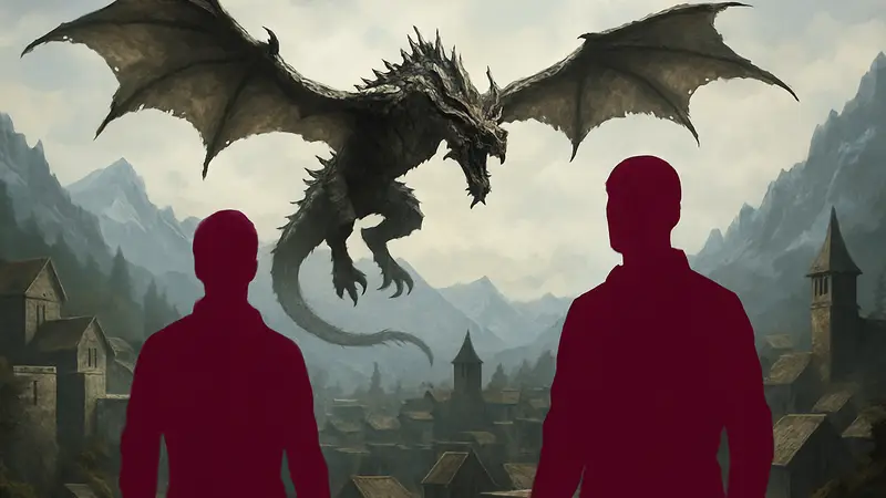 Изображение дракона над городом из игры The Elder Scrolls V: Skyrim