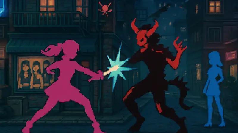 Скриншот игрового процесса K-Devil Hunter с ретро-графикой и персонажами, вдохновлёнными K-pop.