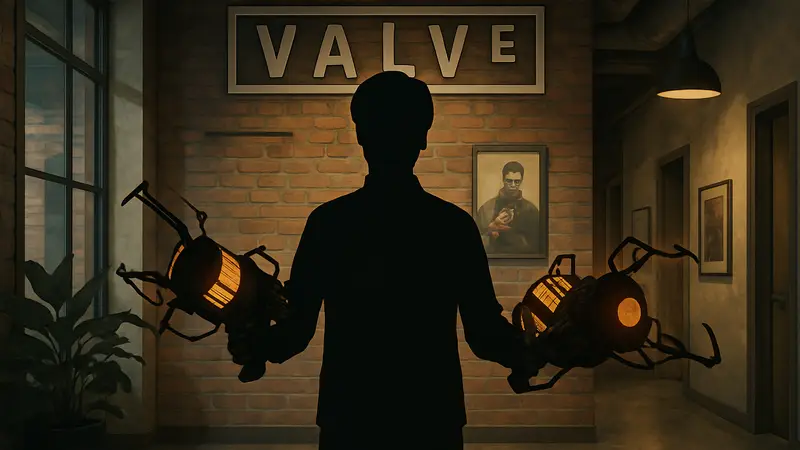 Хидео Кодзима с тремя гравипушками Half-Life в офисе Valve.