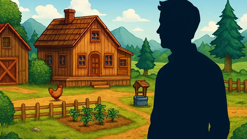 Создатель Stardew Valley Эрик Барон на фоне фермы из игры.