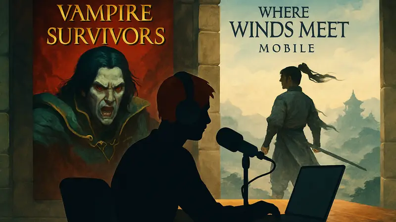 Обложка 81-го выпуска подкаста Pocket Gamer с логотипами игр Vampire Survivors и Where Winds Meet Mobile.