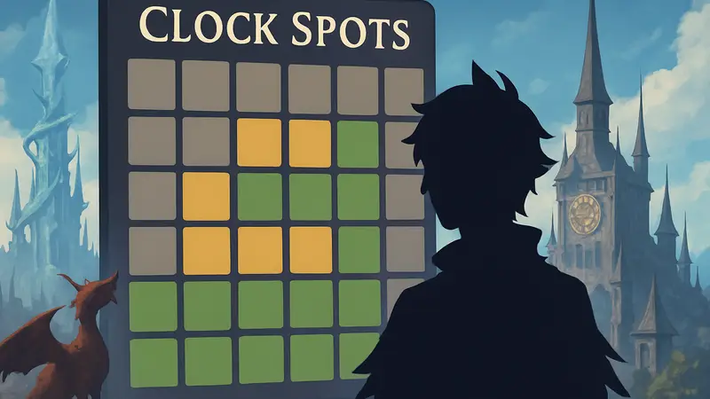 Изображение игрового поля в стиле Wordle с элементами Final Fantasy 14 и названием Clock Spots