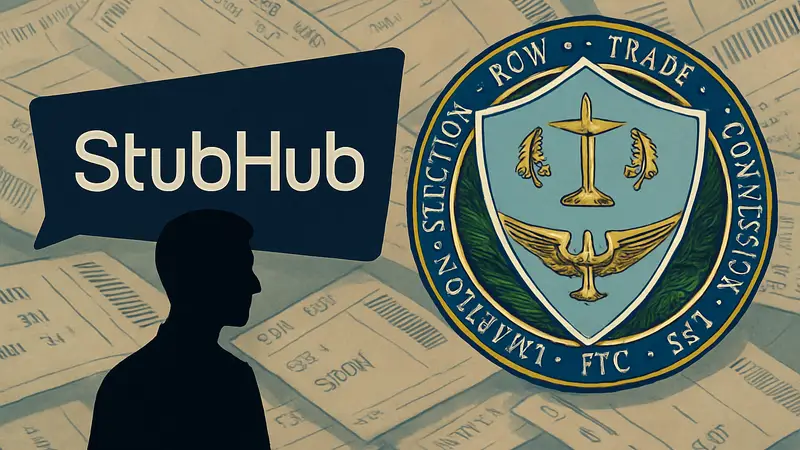 Логотип StubHub и эмблема Федеральной торговой комиссии (FTC) на фоне билетов.