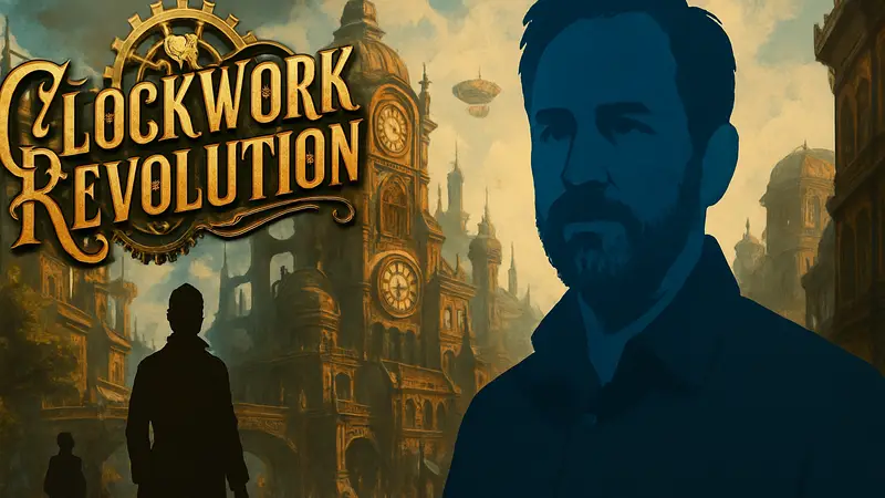 Логотип игры Clockwork Revolution и Брайан Фарго, руководитель inXile Entertainment.