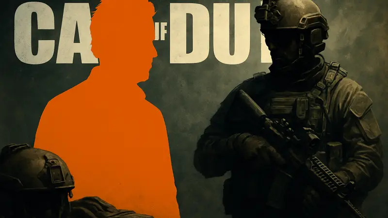 Режиссер Питер Берг на фоне логотипа Call of Duty и военного снаряжения, символизирующего игровые и киноиндустрии.