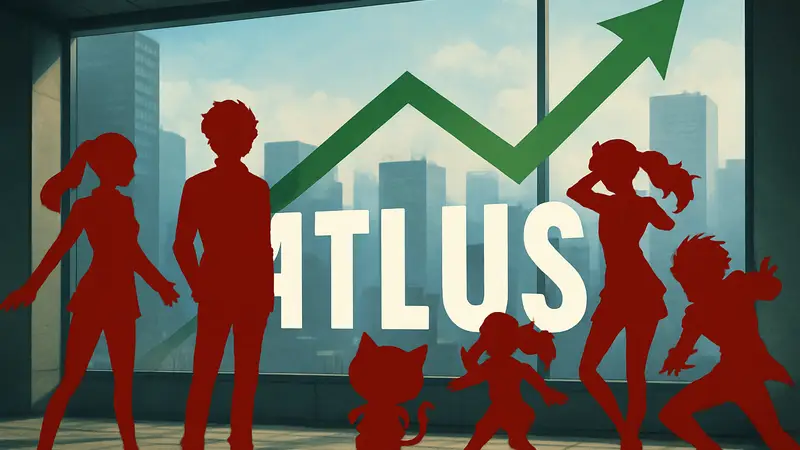 Логотип Atlus и изображение персонажей из серии Persona, символизирующие рост зарплат и успех студии.
