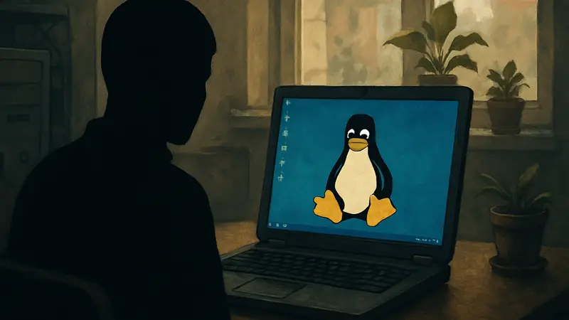 Открытый старый ноутбук с ярким логотипом Linux на экране рабочего стола.