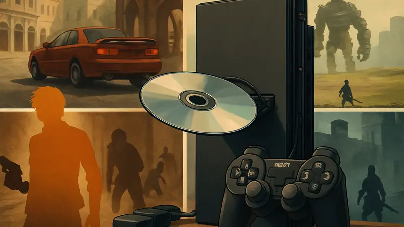 Игровая консоль PlayStation 2 с диском и джойстиком, на фоне скриншотов из классических игр