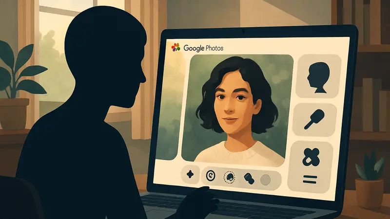 Интерфейс Google Фото с новыми инструментами для ретуши портретных снимков.