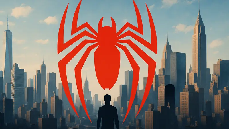 Логотип Человека-паука на фоне городского пейзажа