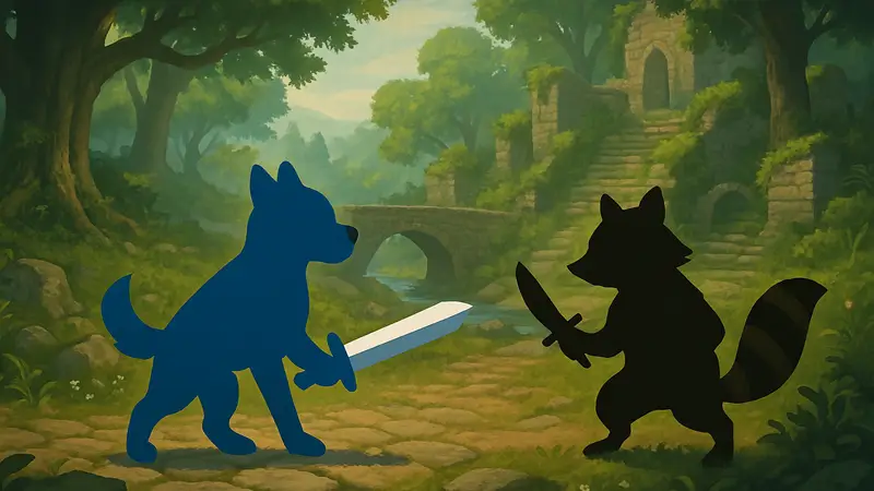 Скриншот Mym's Sword: голубая собака Нора с мечом и енот с ножом.