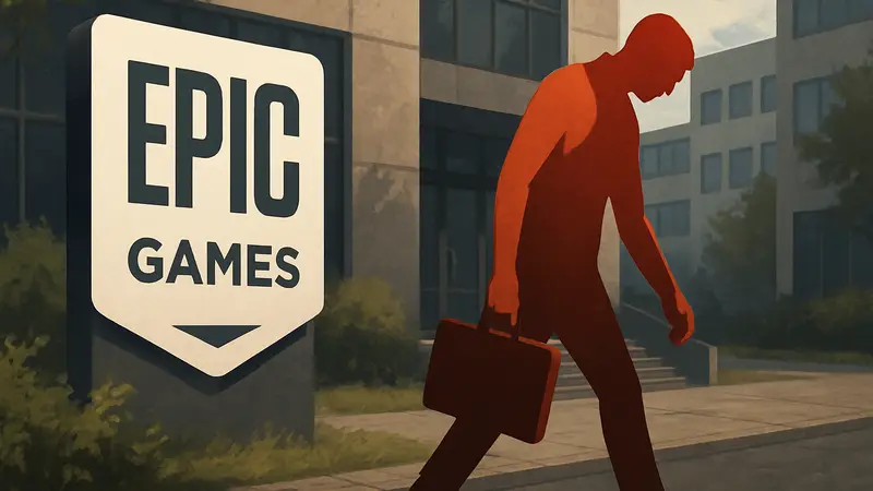 Логотип Epic Games и силуэт человека, символизирующий увольнение