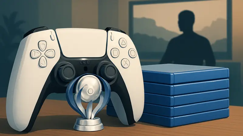 Контроллер DualSense для PS5 с символом платинового трофея, лежащий рядом со стопкой дисков игр, обещающих лёгкое получение платины.