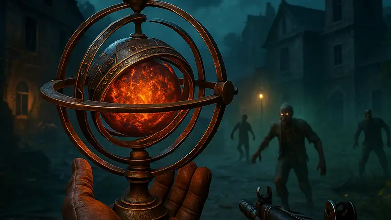 Игровой скриншот Call of Duty Black Ops 7 Zombies с изображением одной из новых реликвий Astra Malorum.