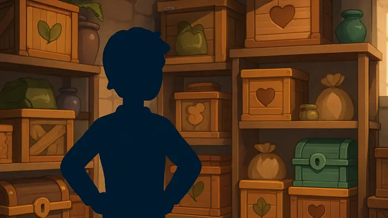 Игровое хранилище в Heartopia: игрок смотрит на ящики и склады с вещами