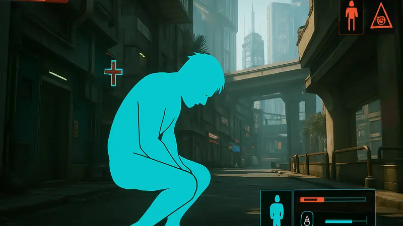 Скриншот Cyberpunk 2077 с персонажем Ви, испытывающим "естественные нужды", и элементами интерфейса мода.