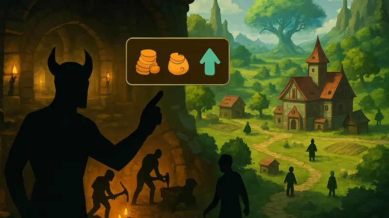 Кадр из игры Sintopia, демонстрирующий элементы менеджмента и фэнтезийного мира, выходящей в Steam.