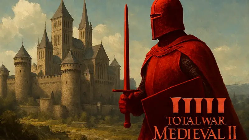 Логотип Total War Medieval 3 с изображением средневекового рыцаря и надписью «Без деревьев навыков».