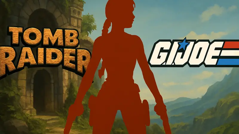 Фигурка Лары Крофт в стиле GI Joe на фоне логотипов Tomb Raider и GI Joe.