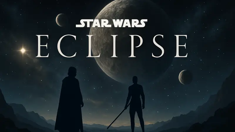 Логотип игры Star Wars Eclipse на фоне космического пейзажа с планетами и звездами