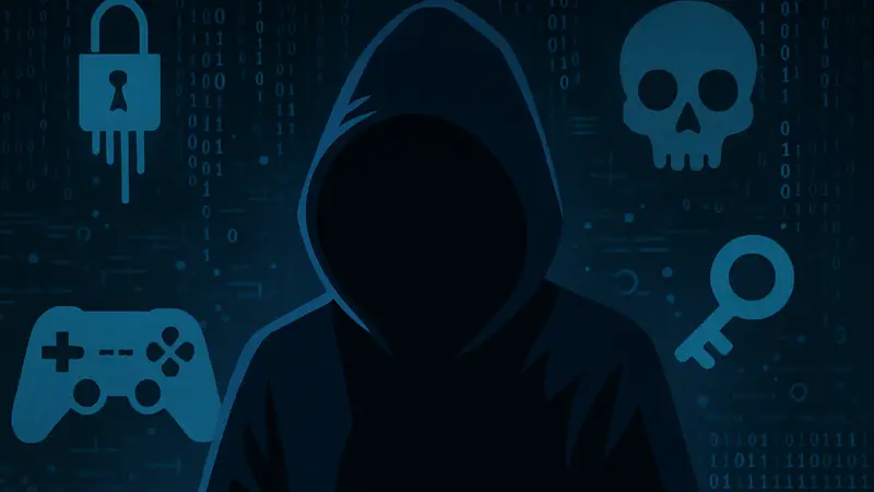 Зашифрованные данные и символы, символизирующие утечки информации и секреты игровой индустрии, на темном фоне.