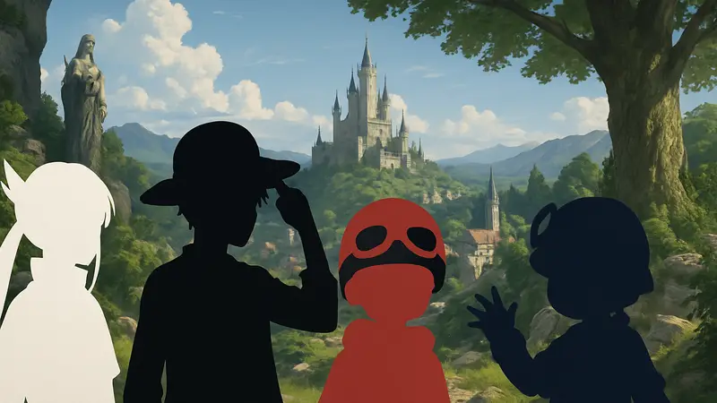 Изображения персонажей из популярных фэнтези аниме, таких как Frieren и One Piece.