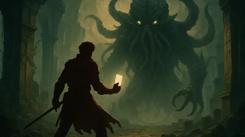 Обложка игры Bloodletter, карточный roguelike декбилдер, борьба с элдрическим богом в игре.