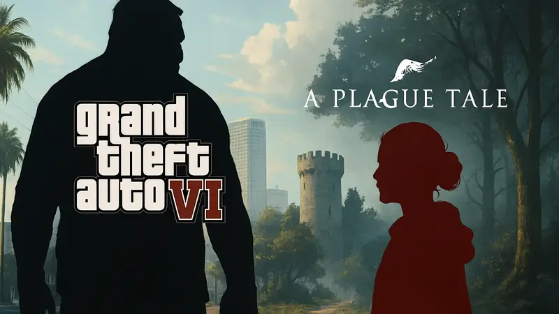 Логотипы Grand Theft Auto 6 и A Plague Tale, символизирующие конкуренцию релизов 2026 года.