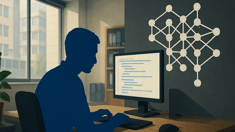 Разработчик работает за компьютером, рядом схематичное изображение ИИ-нейросети.
