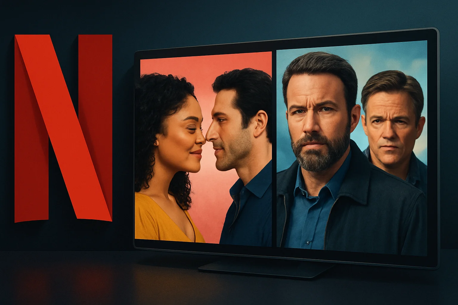 Обложки сериала «Его и Её» с Тессой Томпсон и Джона Бернтала, а также фильма «Разрыв» с Беном Аффлеком и Мэттом Дэймоном.