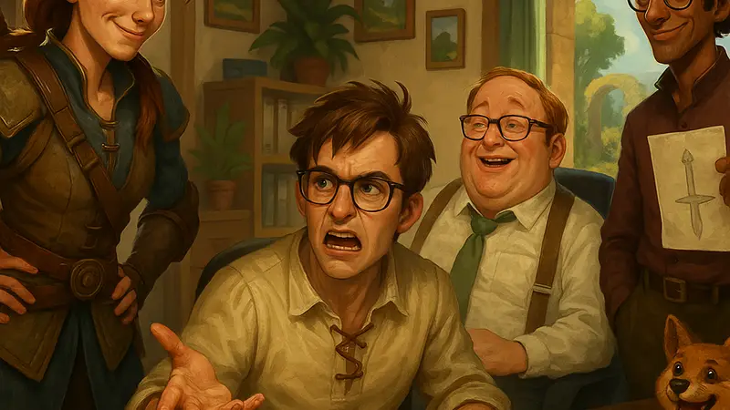 Игровой скриншот Fable с персонажами, стилизованными под комедийные ситуации из ситкомов.
