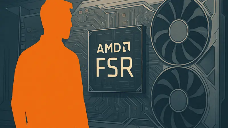 Логотип AMD FSR на фоне схематического изображения видеокарты.