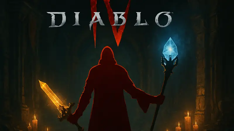 Логотип Diablo 4 на фоне персонажа с мифическими предметами и свечением.