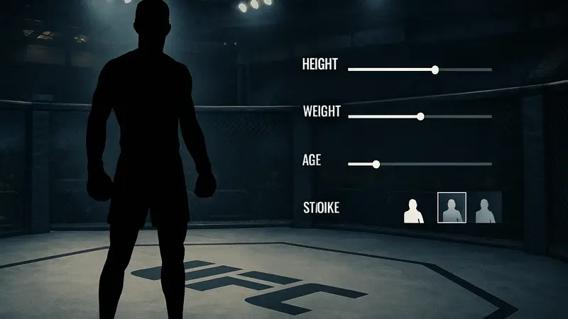 Скриншот экрана создания персонажа в UFC 6 с настройками роста, веса, возраста и стойки.