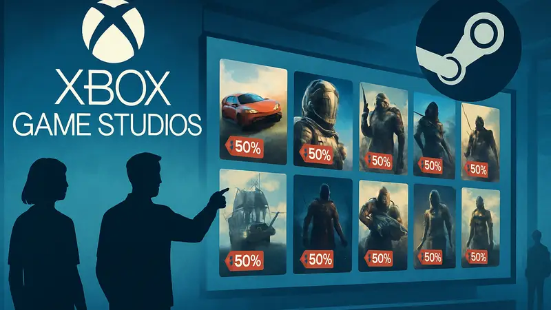 Логотип Xbox Game Studios на фоне Steam, показывающий игры на распродаже 2026