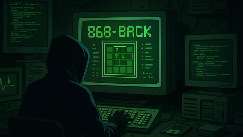 Стилизованный под 90-е годы хакерский интерфейс игры 868-Back с зелёным текстом на чёрном фоне.