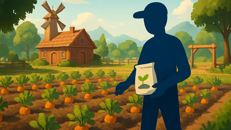 Игрок Heartopia с удобрением на ферме, выращивающий урожай.