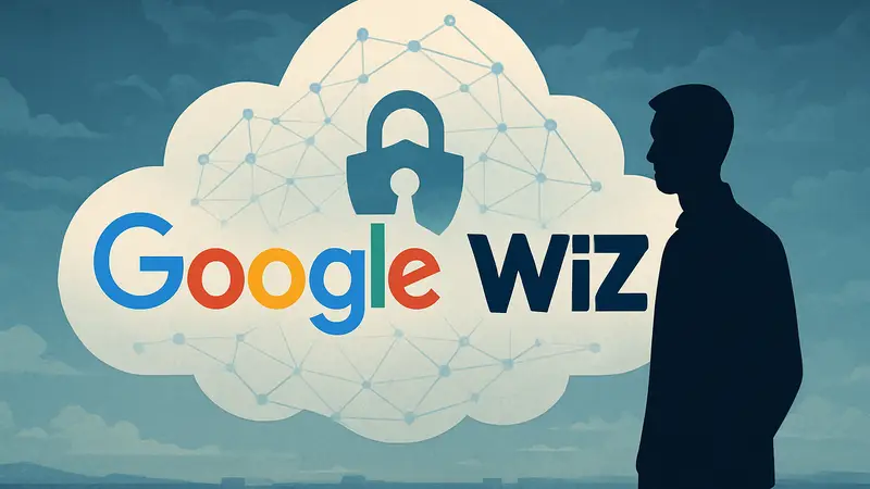 Логотипы Google и Wiz на фоне облака, символизирующего кибербезопасность