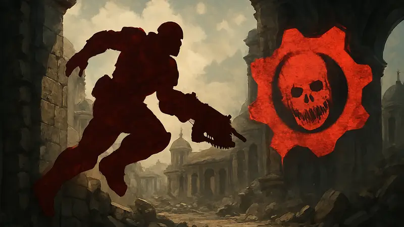 Персонаж из Gears of War, использующий механику «wall bouncing», или логотип Gears of War: E-Day.