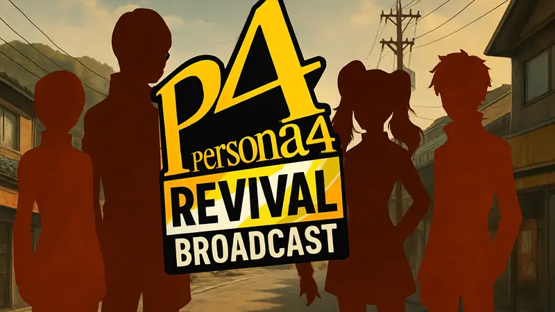 Логотип Persona 4 Revival Broadcast на фоне персонажей Persona 4