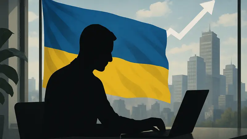 Деловой человек, работающий за ноутбуком на фоне украинского флага, символизирующий развитие стартапов.