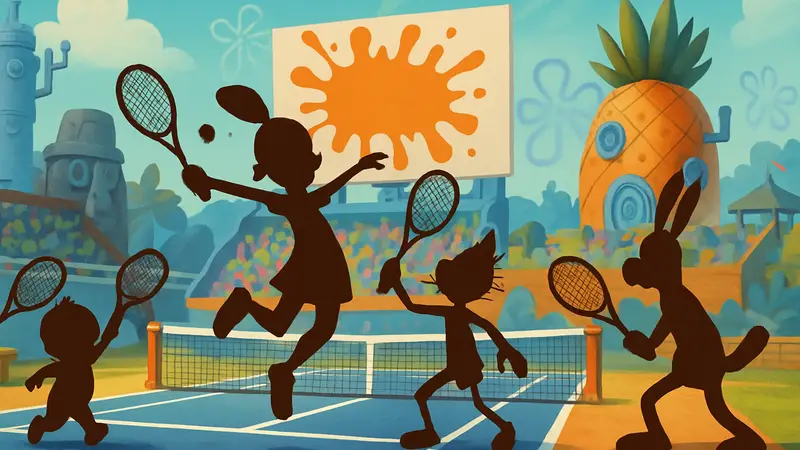 Персонажи Nickelodeon играют в теннис на корте из Nickelodeon Extreme Tennis